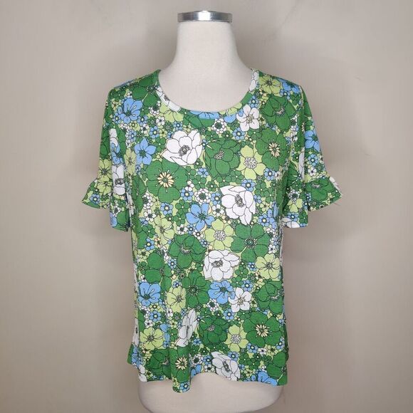 Kim & Cami Green Floral Top Short Flutter Sleeves - Picture 1 of 8